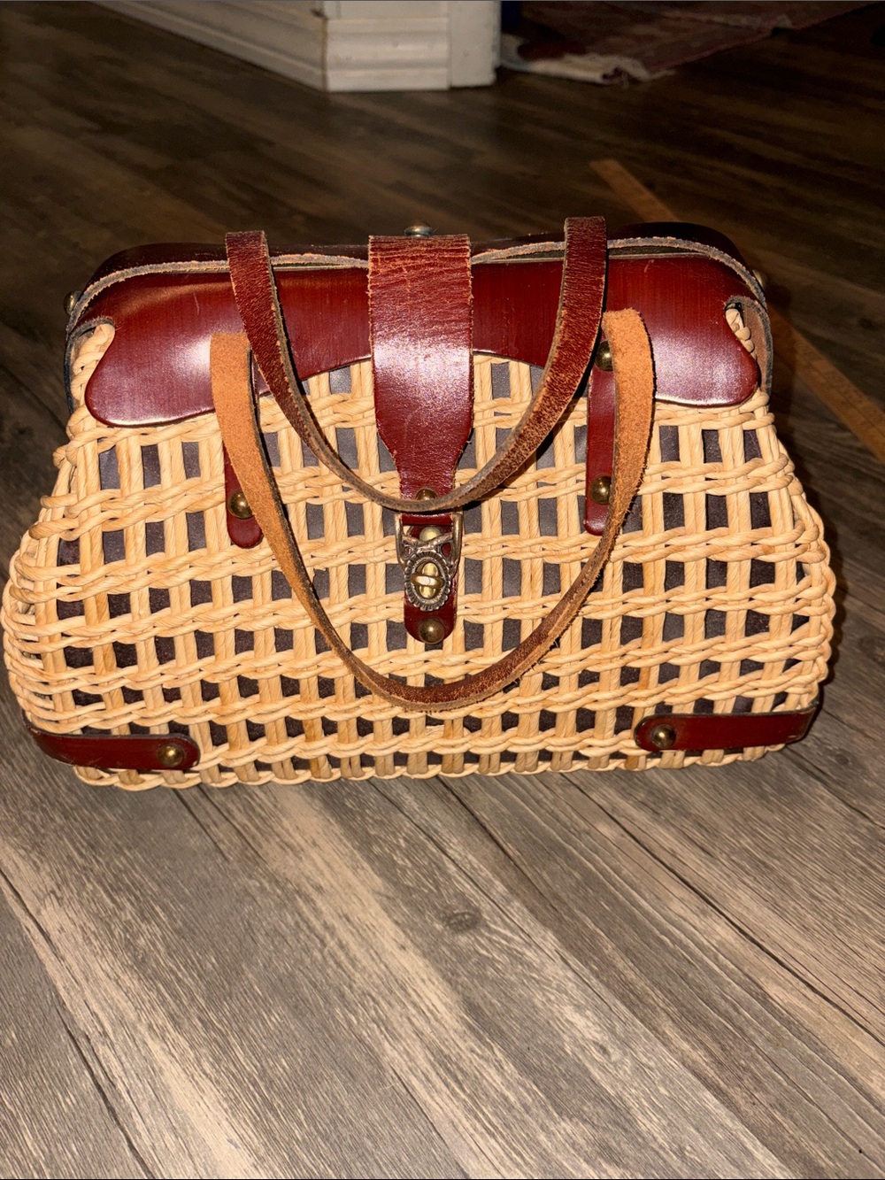Vintage Handbag Oxblood Leather & Woven Straw by Cappelli Miami FL 1960s Summer
